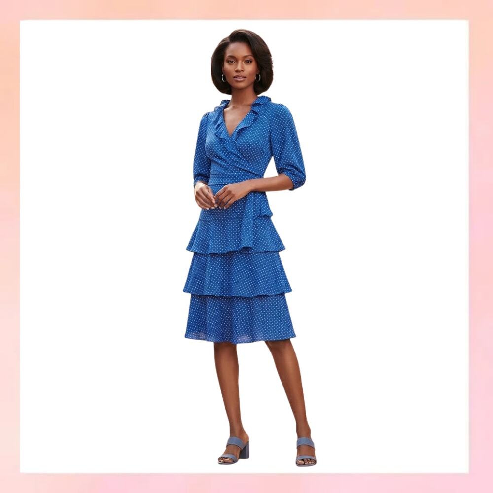 NWT Lauren Ralph Lauren Blue Polka Dot Ruffle Tiered Wrap Dress Size 2P